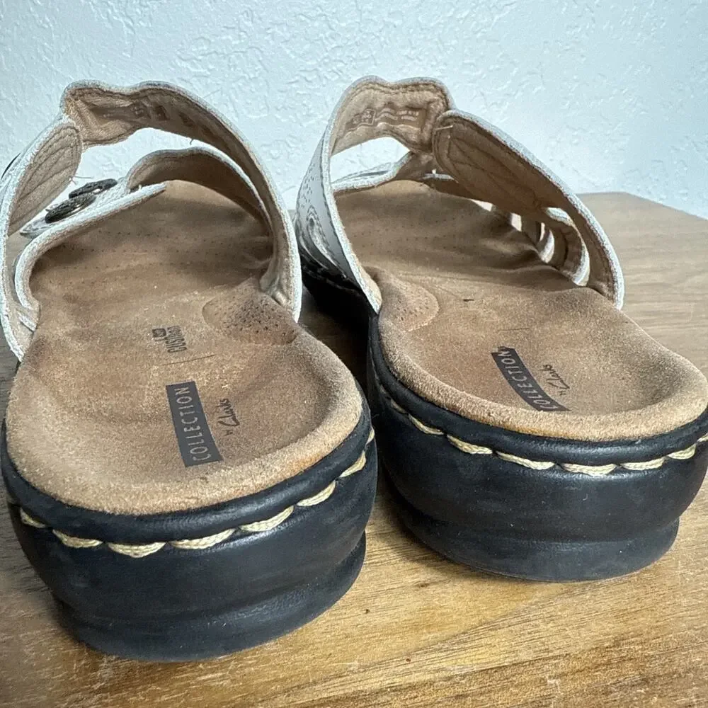 Clarks White Sandals Size 9 Leisa Grace Tri-Strap Hook Loop Open Easy On Shoes - Picture 4 of 11